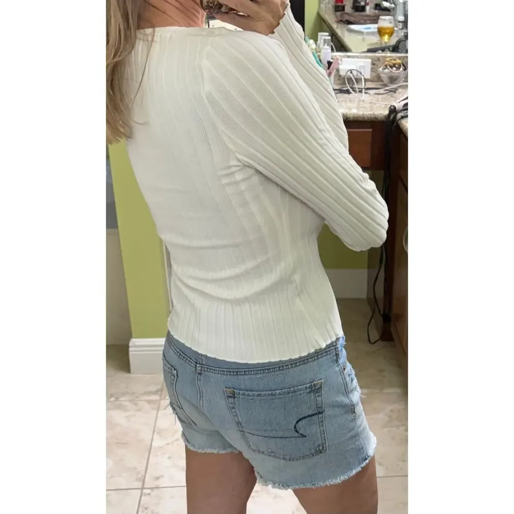 Free People White Ribbed Long-Sleeve Button Cardigan